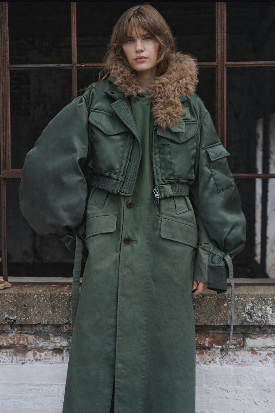 sacai  x Spiewak faux fur trim nylon trench coat in bahaki Size 3